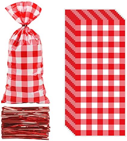 100 Бр. Червено Каре Найлонови Торбички, Червено-Бяло Каре Найлонови Торбички, за Предложения, Изпъстрен Подаръчни комплекти за Пикник,