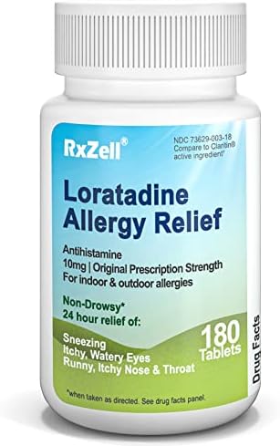 RXZELL Allergy Relief, Лоратадин 10 mg, 180 таблетки – 24-часов Недремлющее Антихистамин лек за алергии